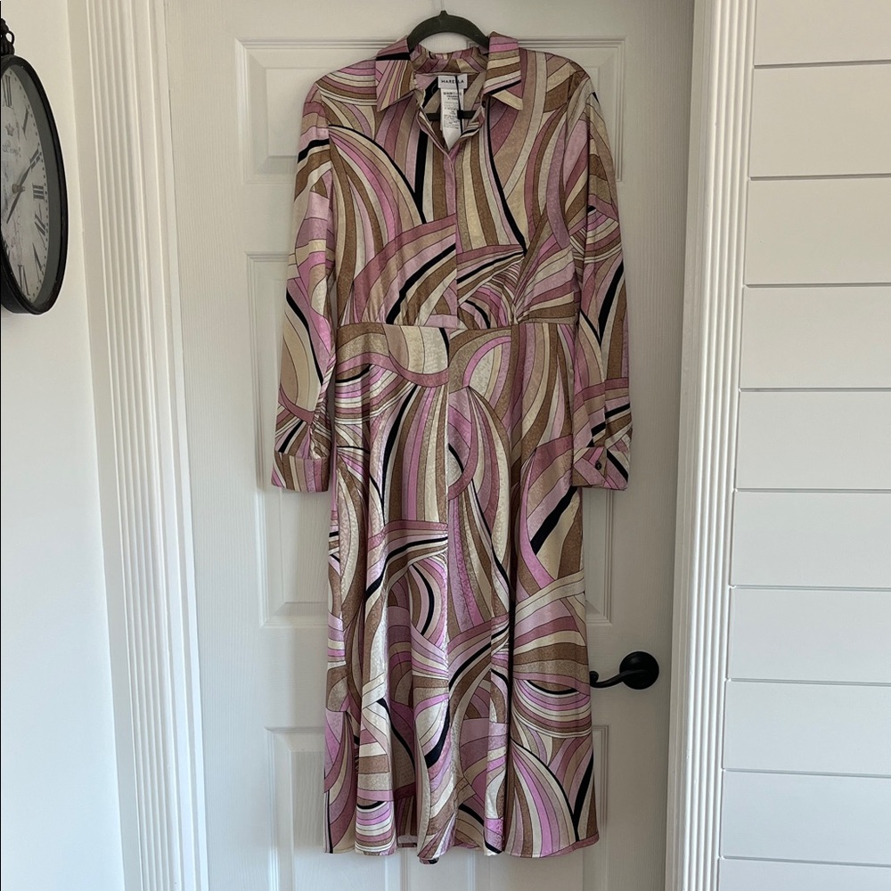 MARELLA Pink and Brown Abstract Long Sleeve Dress NWT Size 8